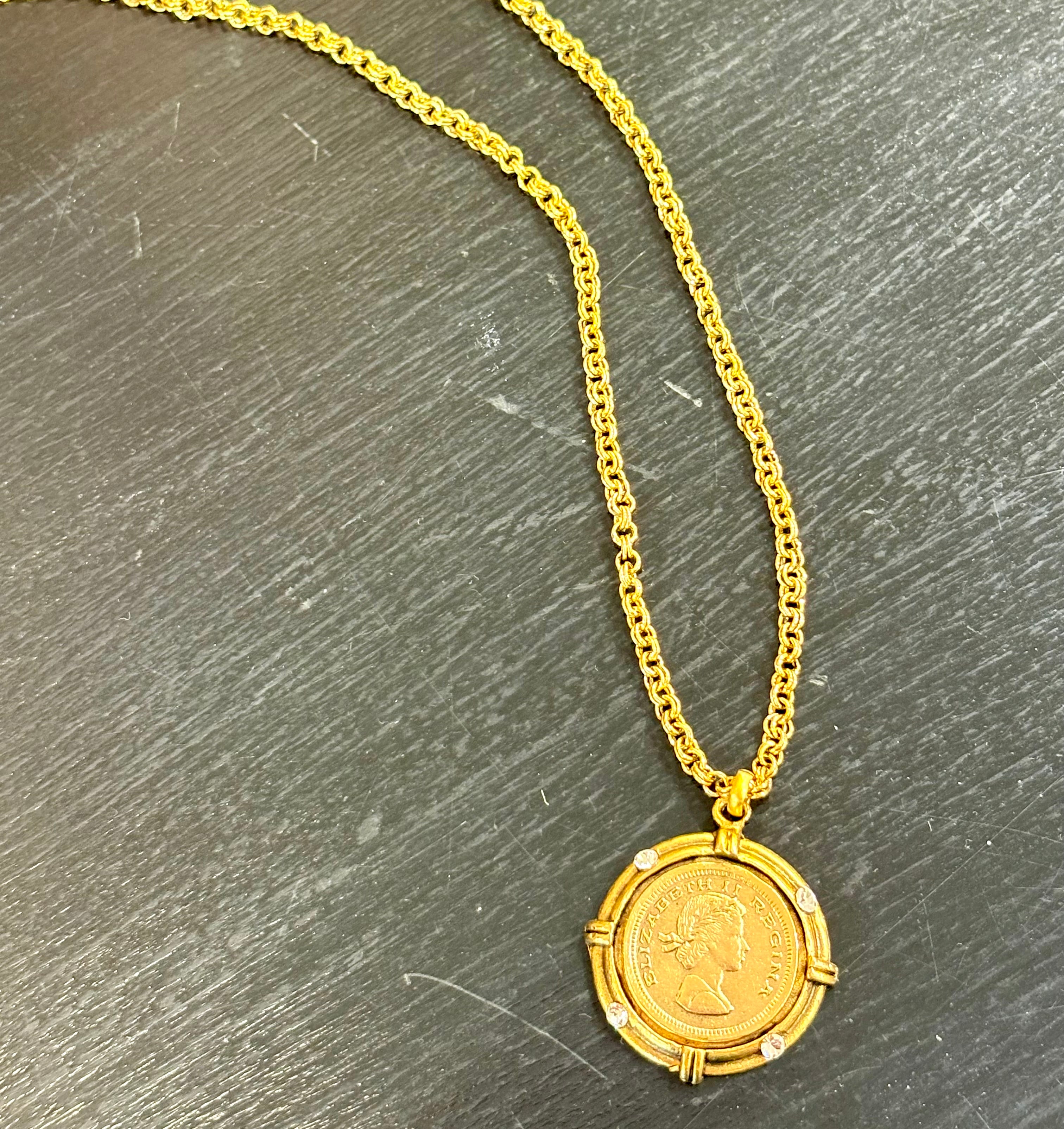 Gold Elizabeth Regina Coin Necklace with Stones