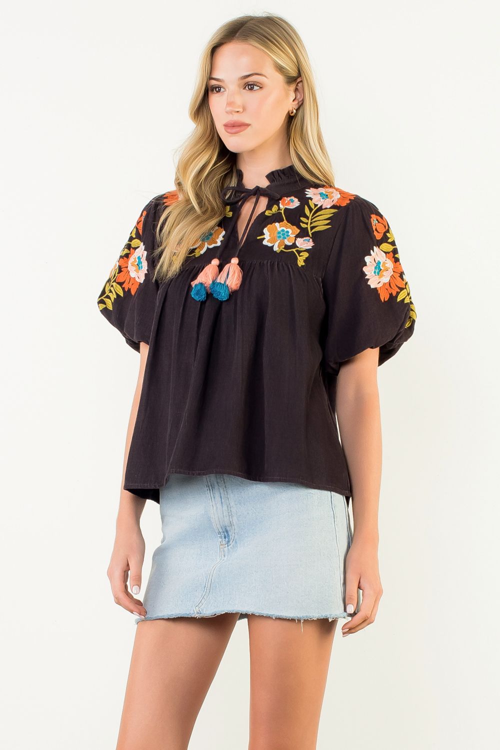 Chocolate Embroidered Puff Sleeve Tassel Top