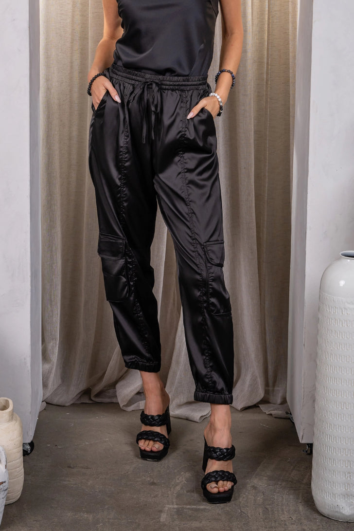 Black Charmeuse Satin Cargo Pant
