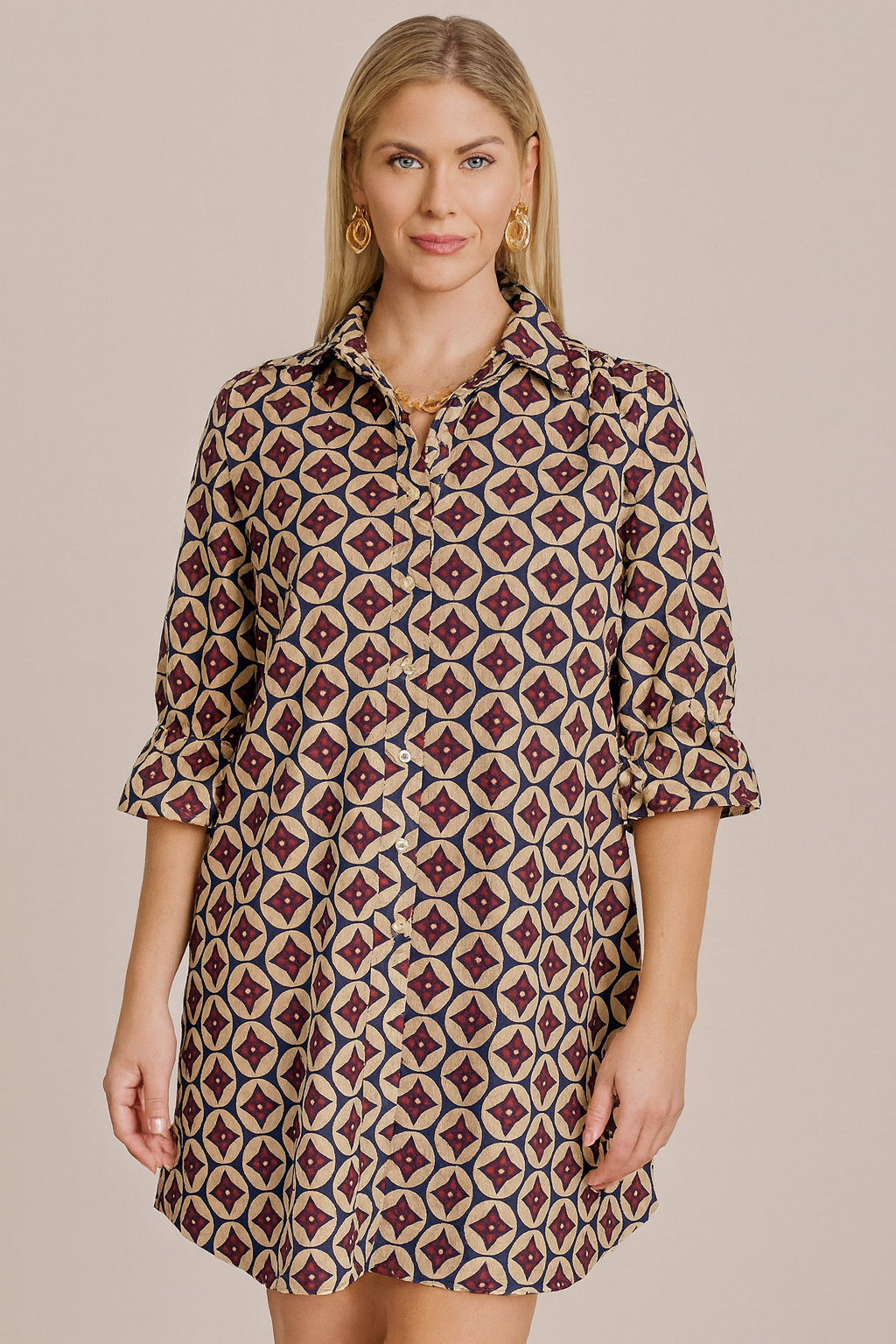 Boho Chic Navy Clover Button Front Dresss
