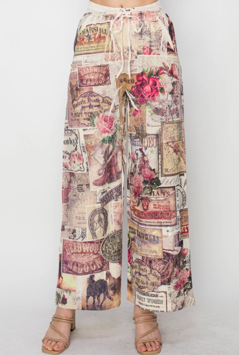 Relaxed Lace Rose Western Patchwork Pants with Elastic Drawstring