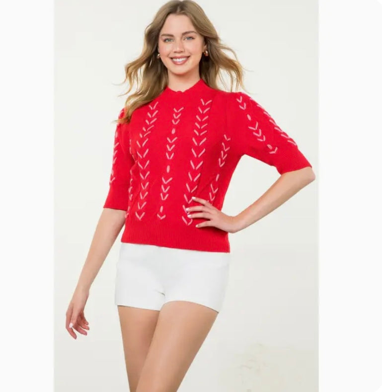 Red Mock Neck Cable Knit Elbow Sleeve Top