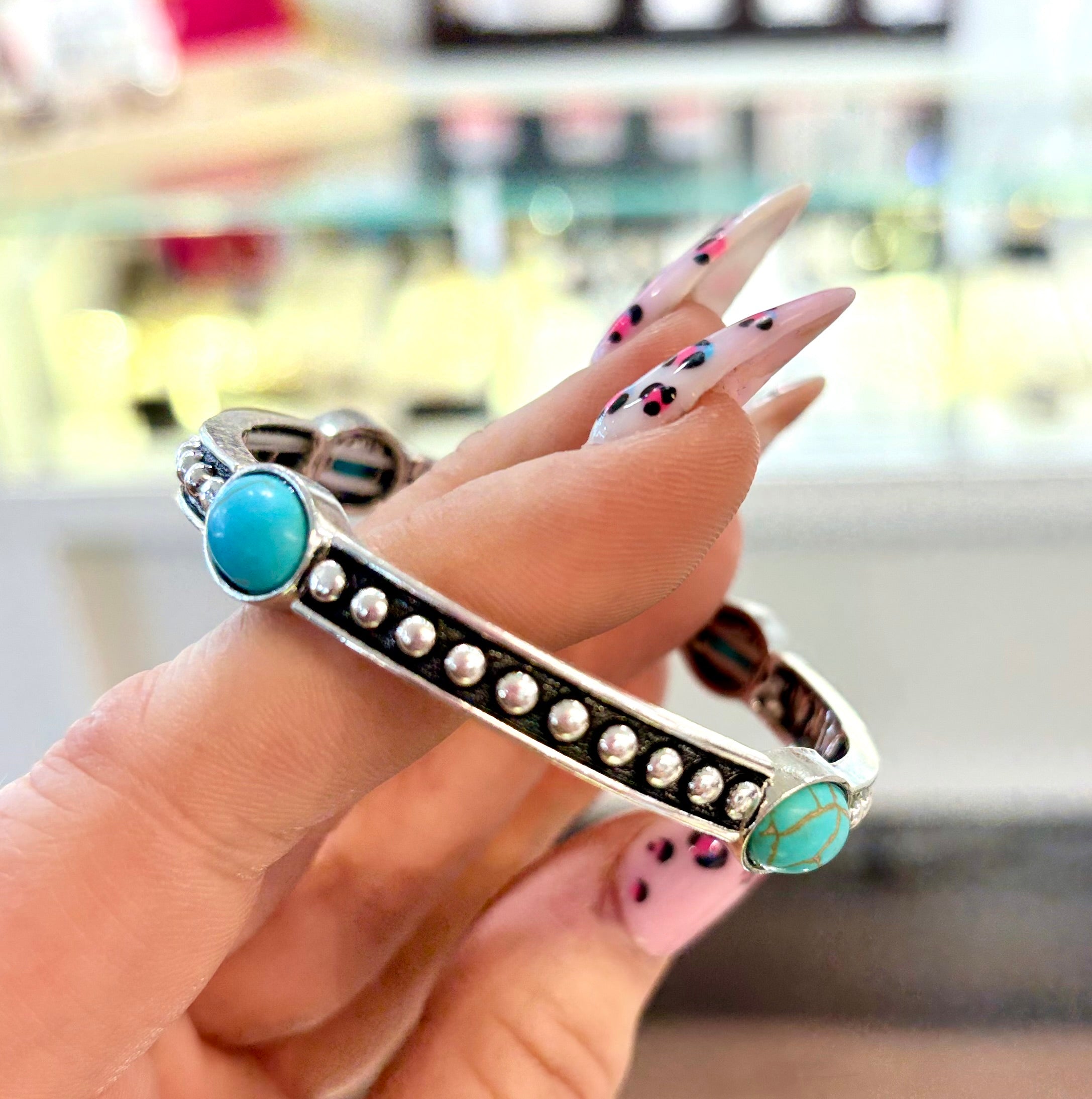 Faux Oxidized Silver Turquoise Stud Stretch Bracelet
