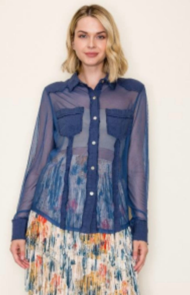Navy Mesh Button Front Jacket