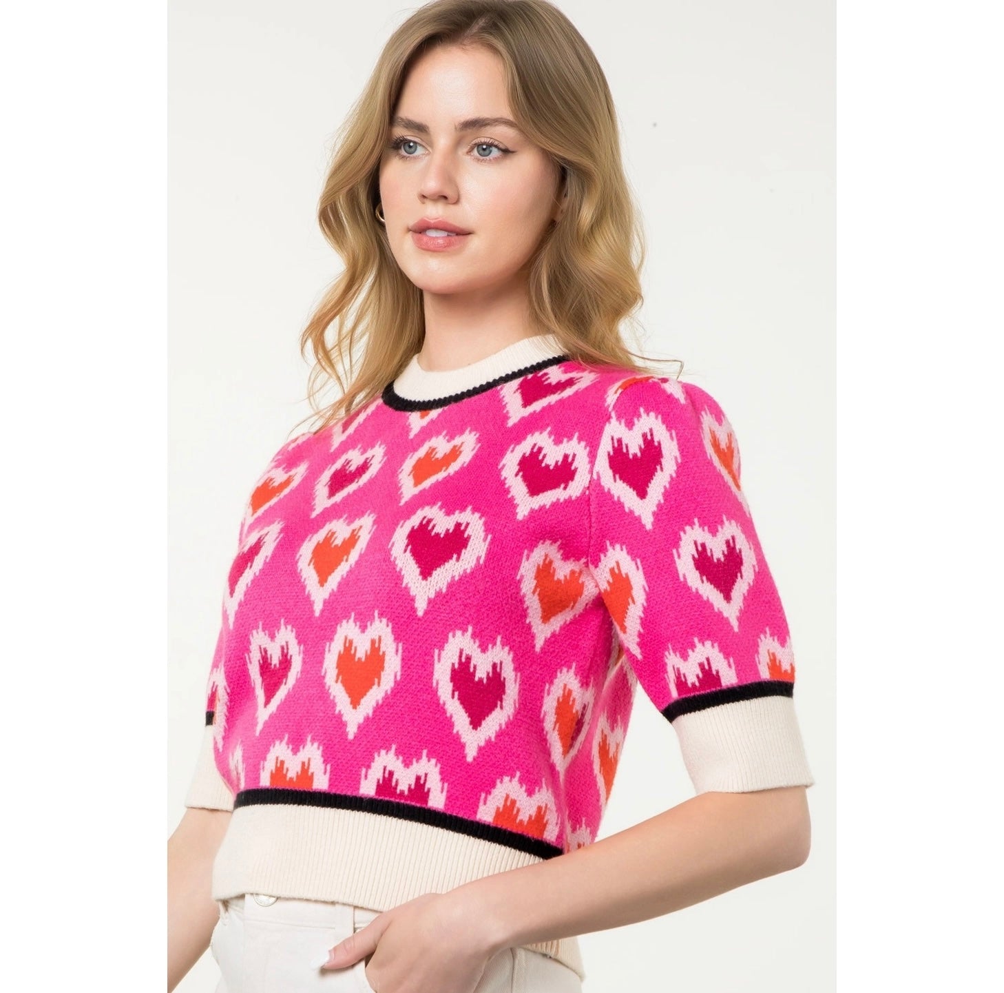 Pink Heart Knit Short Sleeve Top