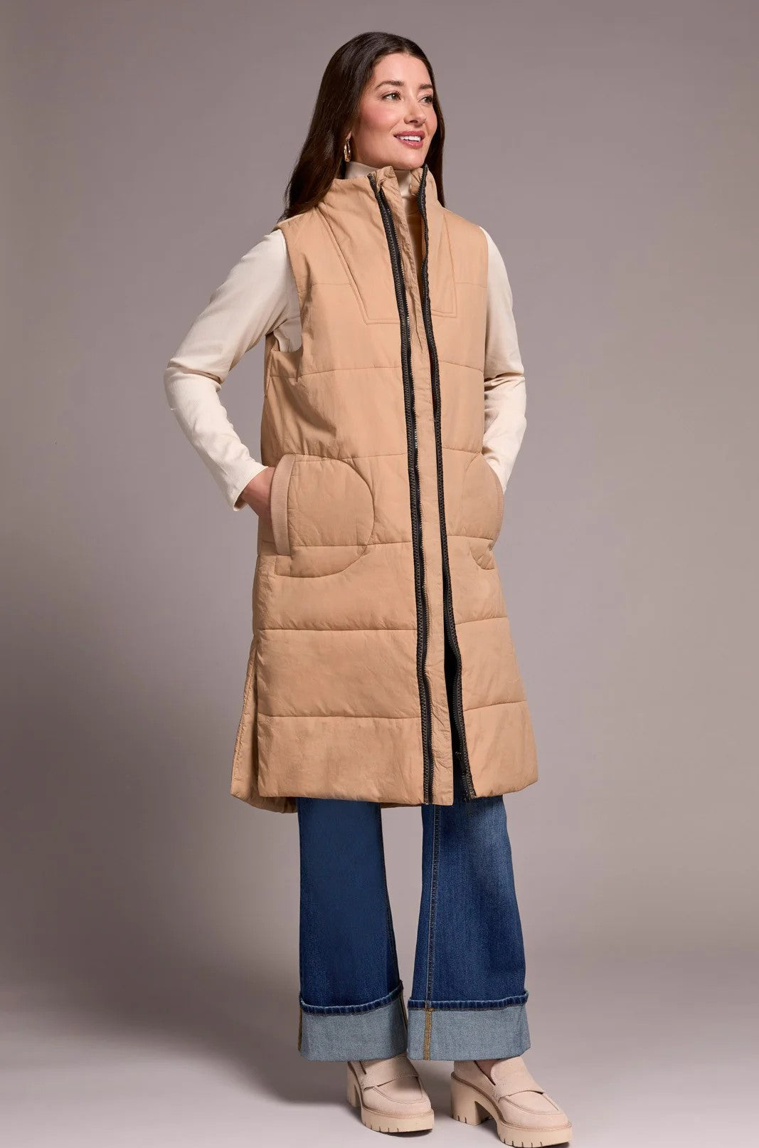 Long Zip-Front Quilted Vest-Iced Latte