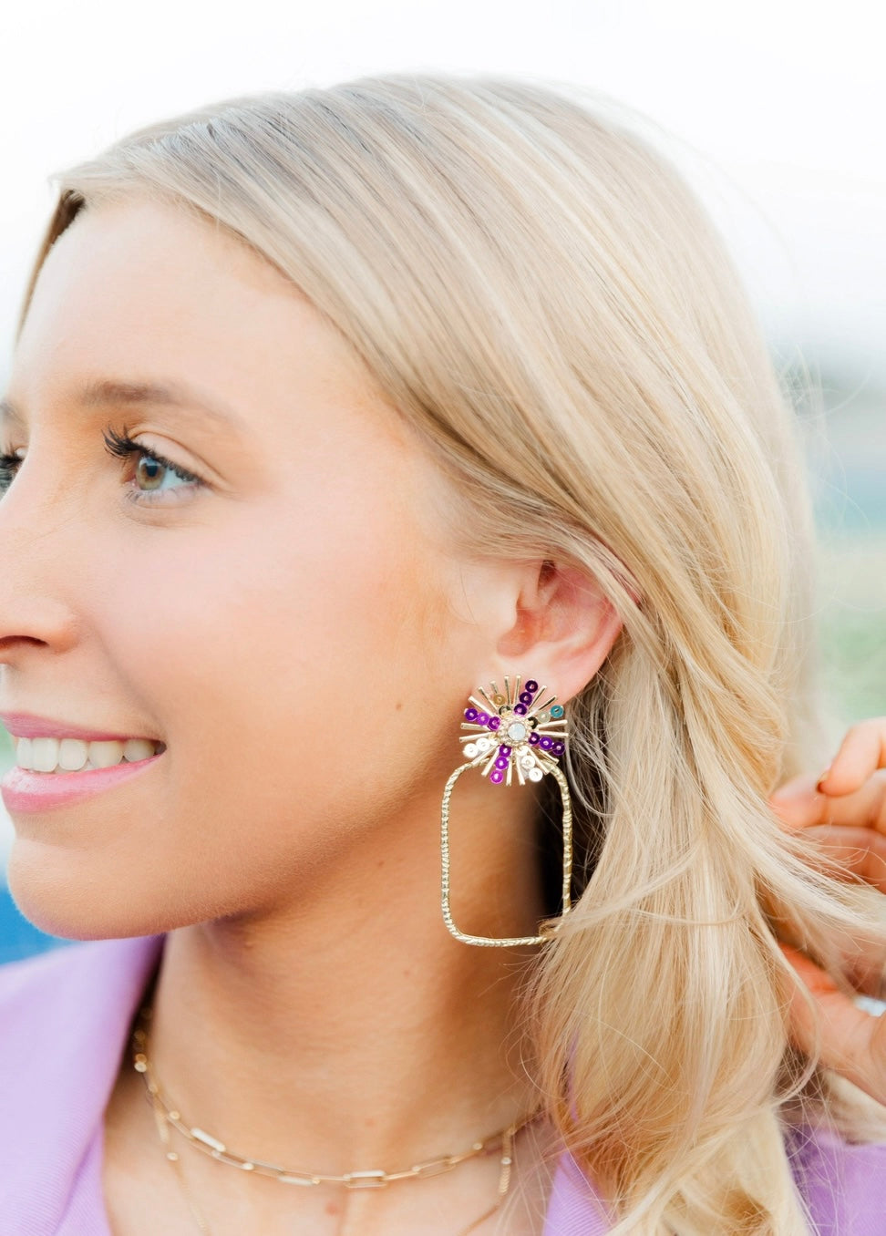 Taylor Shaye Gameday Sequin Sunburst Hoops - Purple/Gold