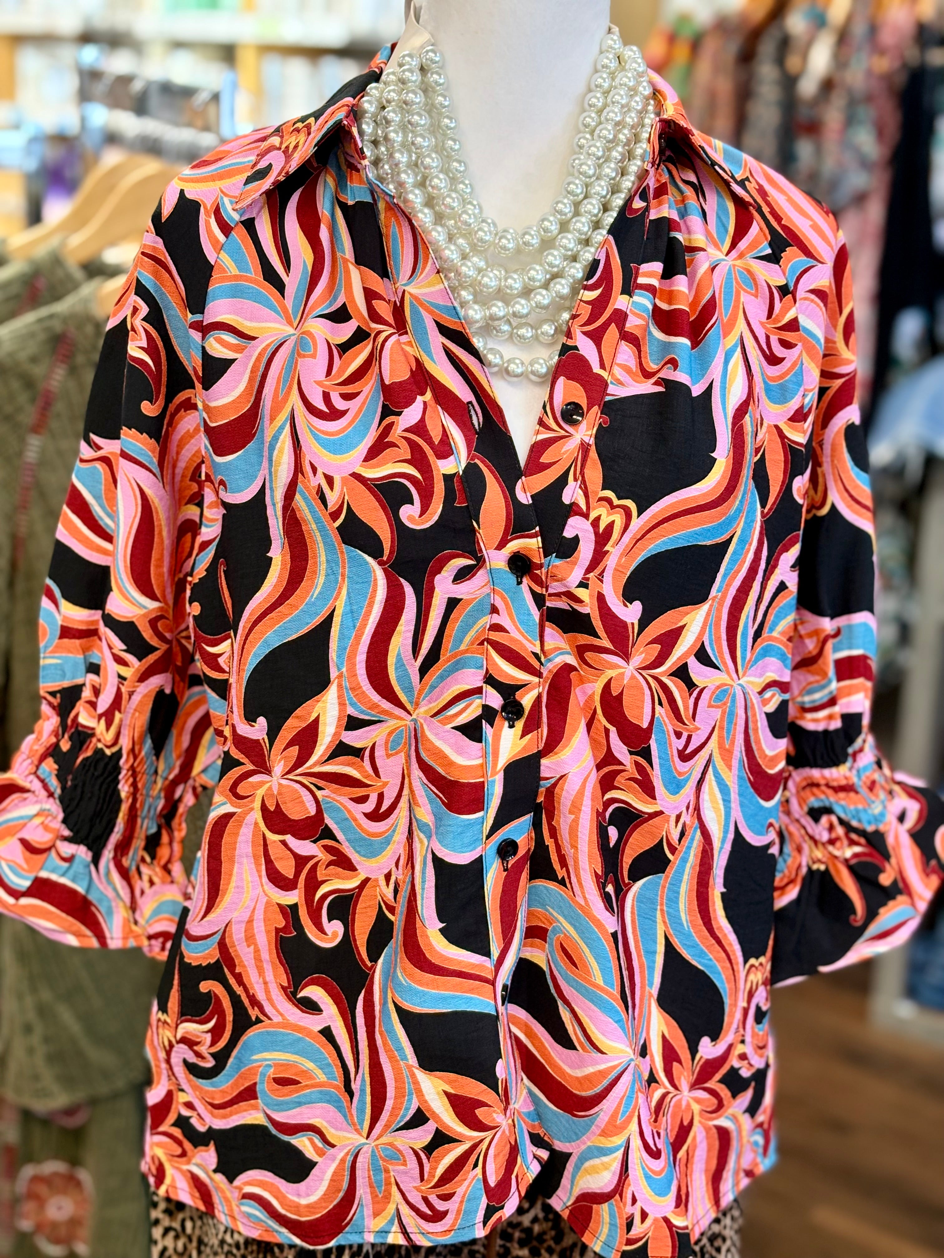 Boho Chic Multicolor Swirl Button Front Top
