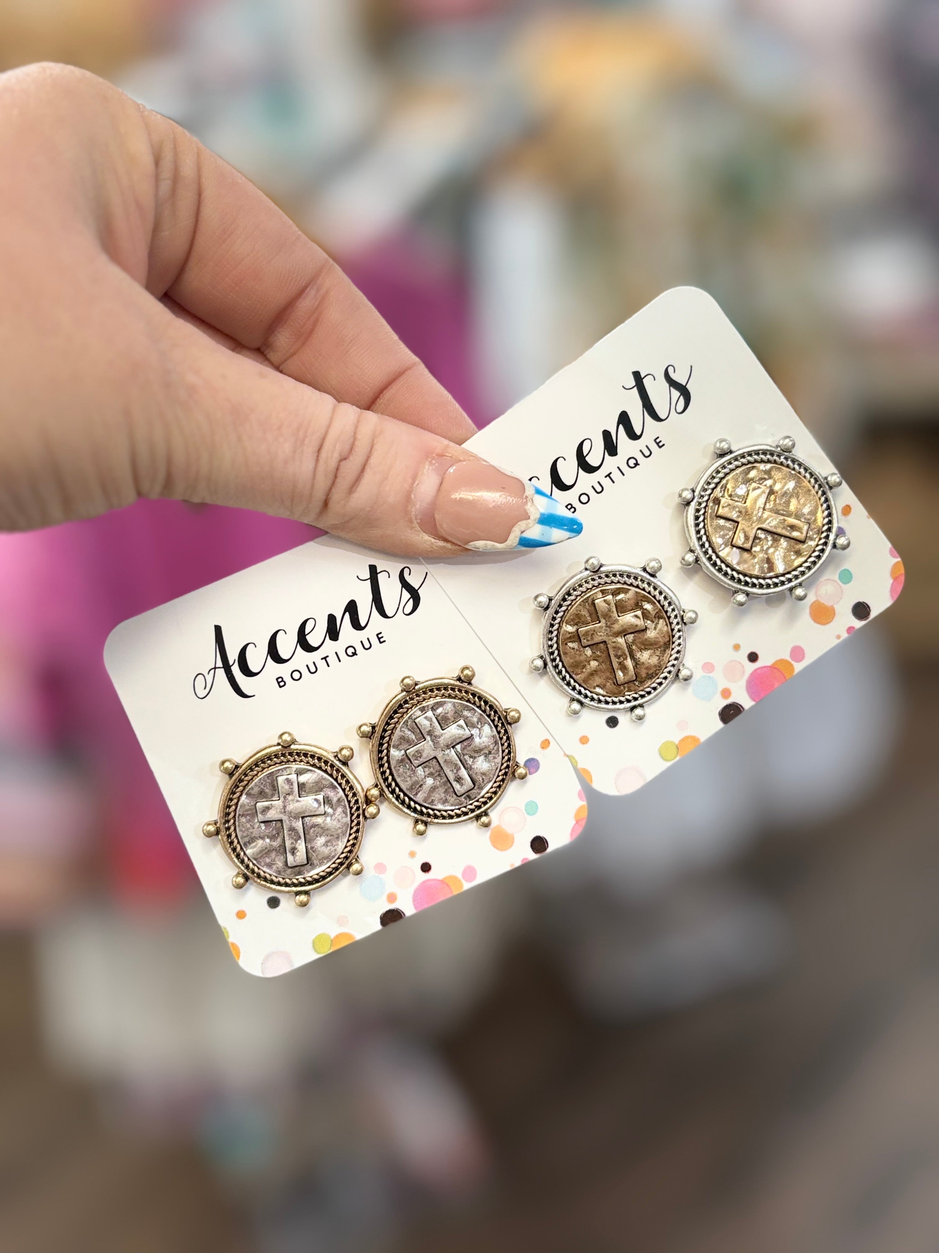 Two Tone Cross Coin Earrings
