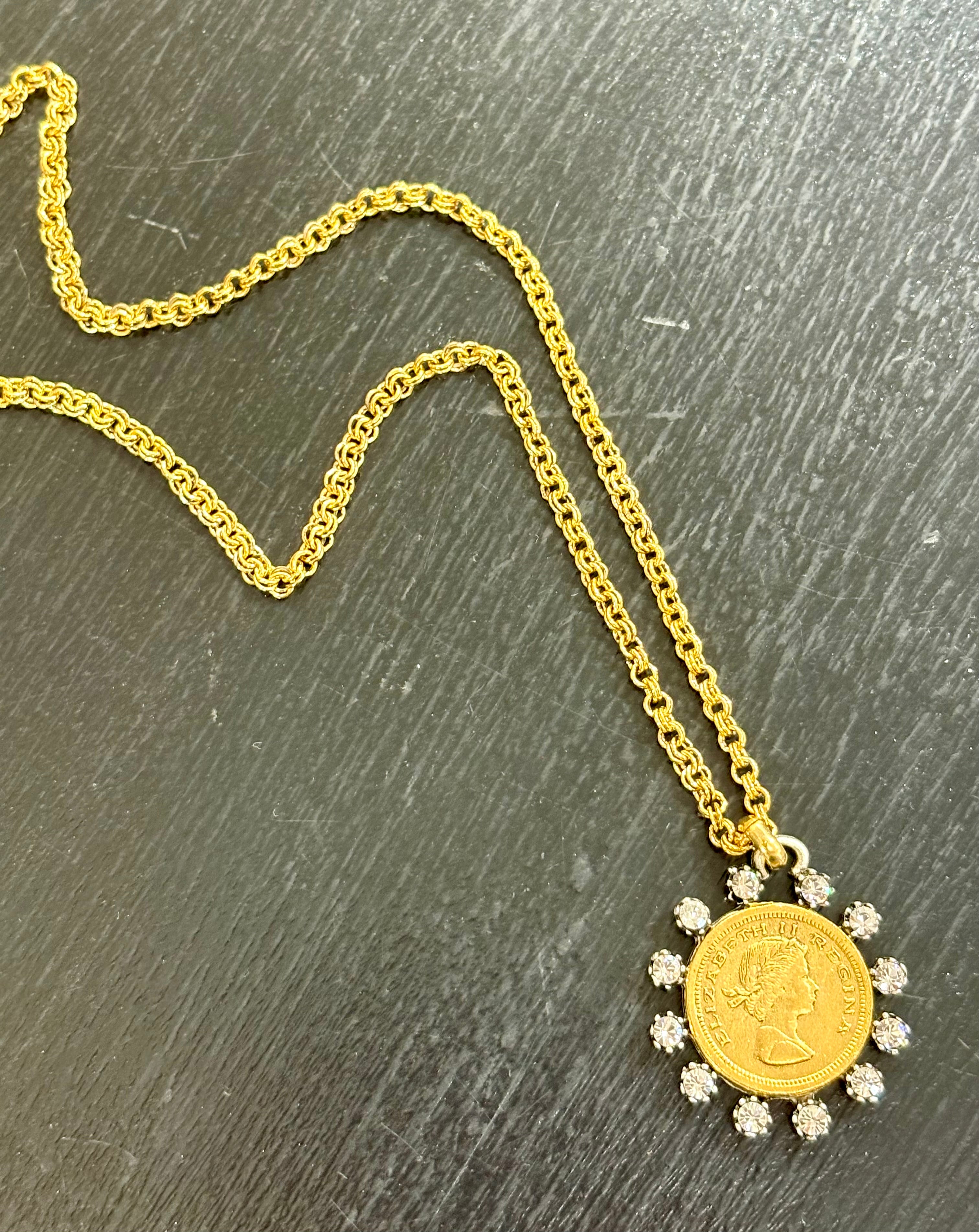 Two Tone Crystal Elizabeth Regina Coin Necklace - Gold