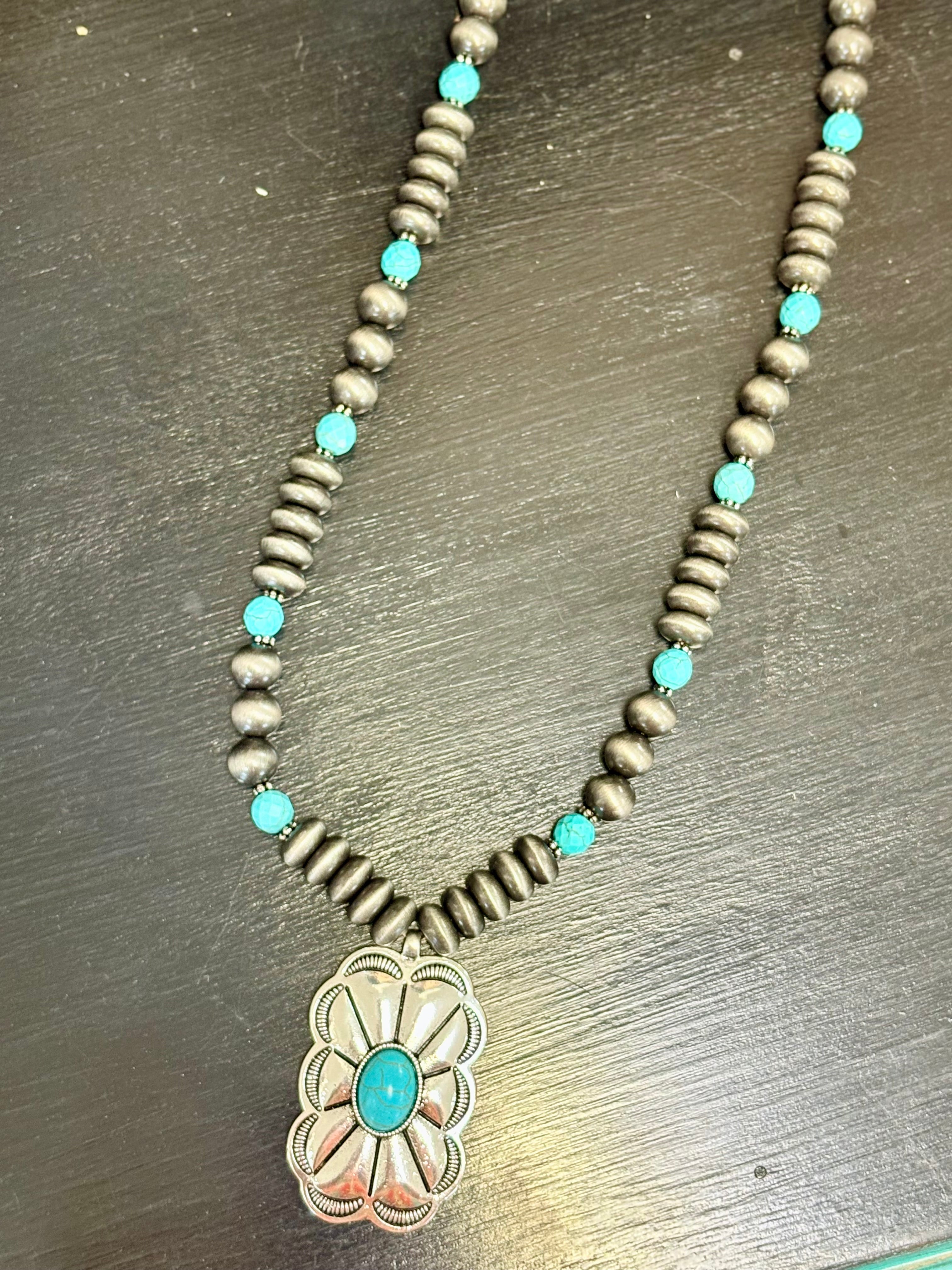 Turquoise Concho & Navajo Pearl Long Strand