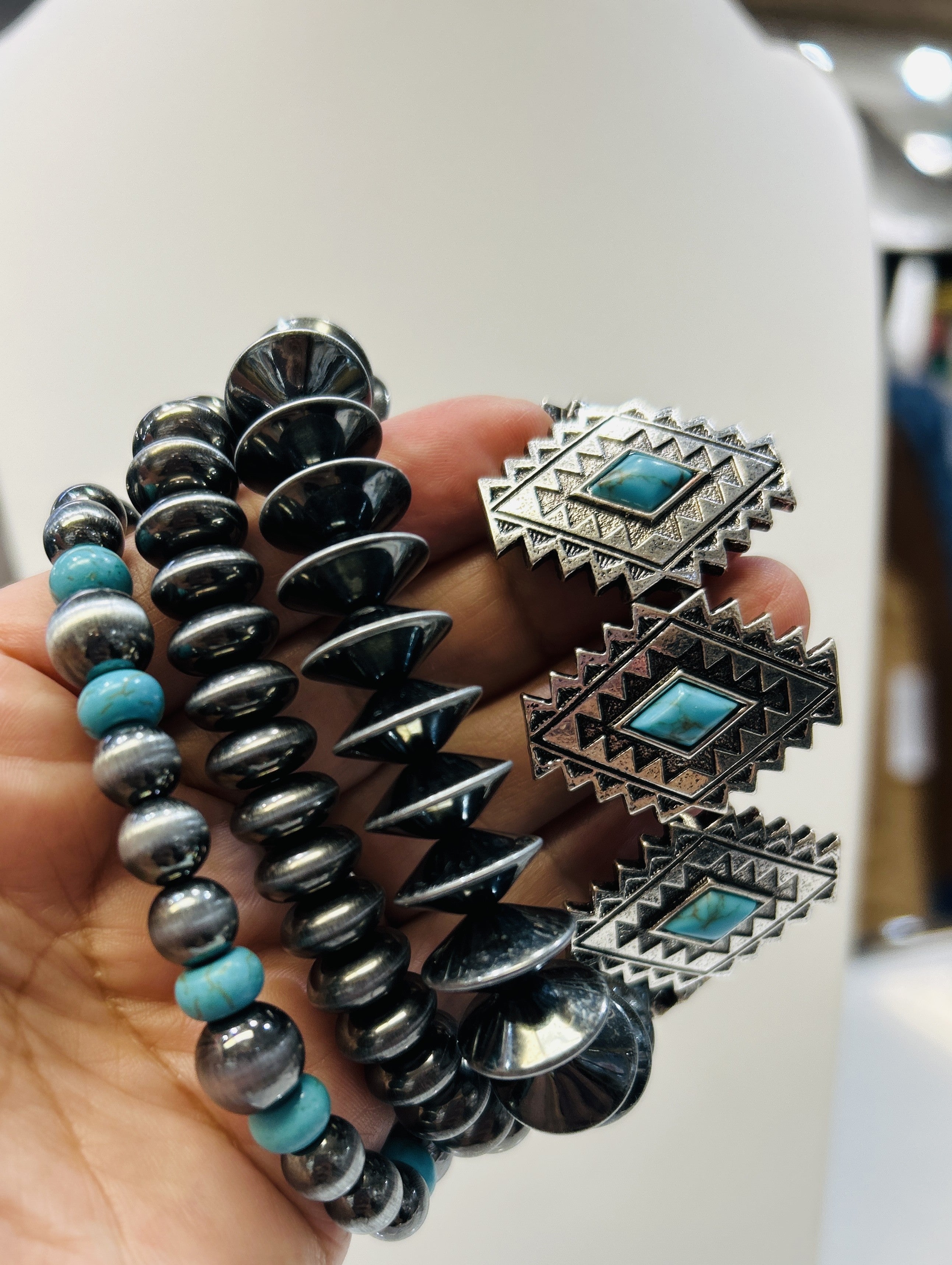 Dark Silver and Turquoise Stretch Bracelet