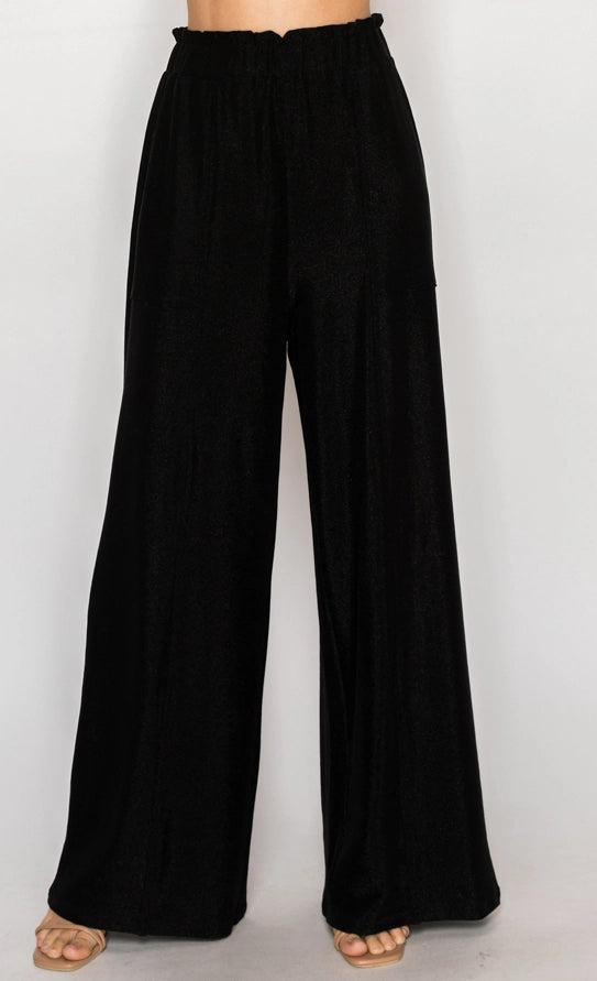 Black Soft Shimmery Lurex Palazzo Pants with Elastic Waist