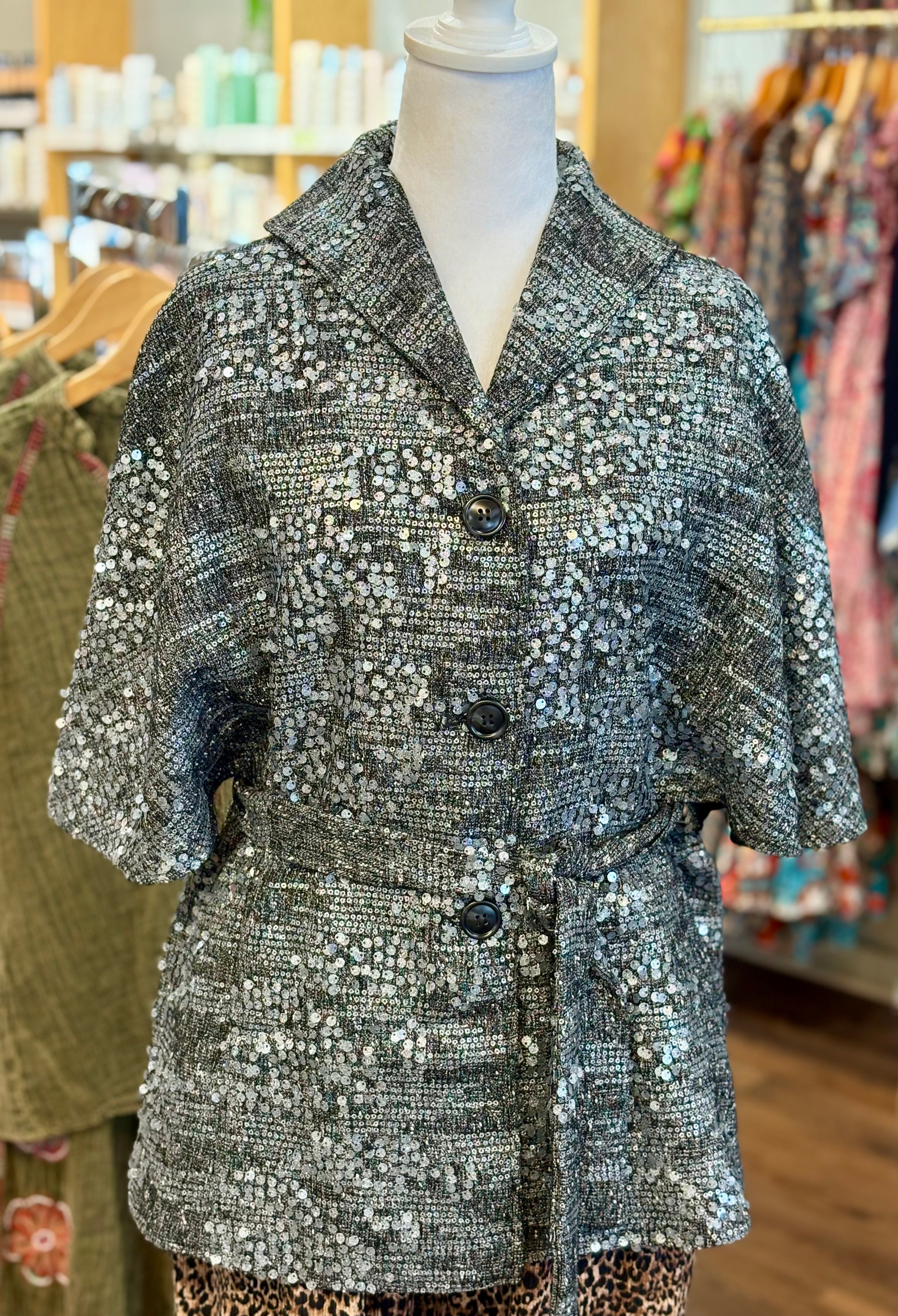 Boho Chic Sequin Black Tie Front Jacket