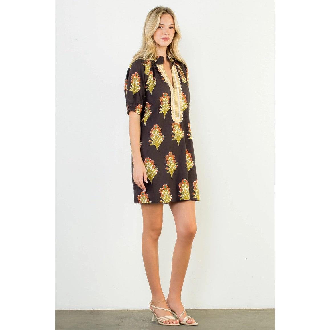 Puff Sleeve Print Cream V-Neck Dress (1)