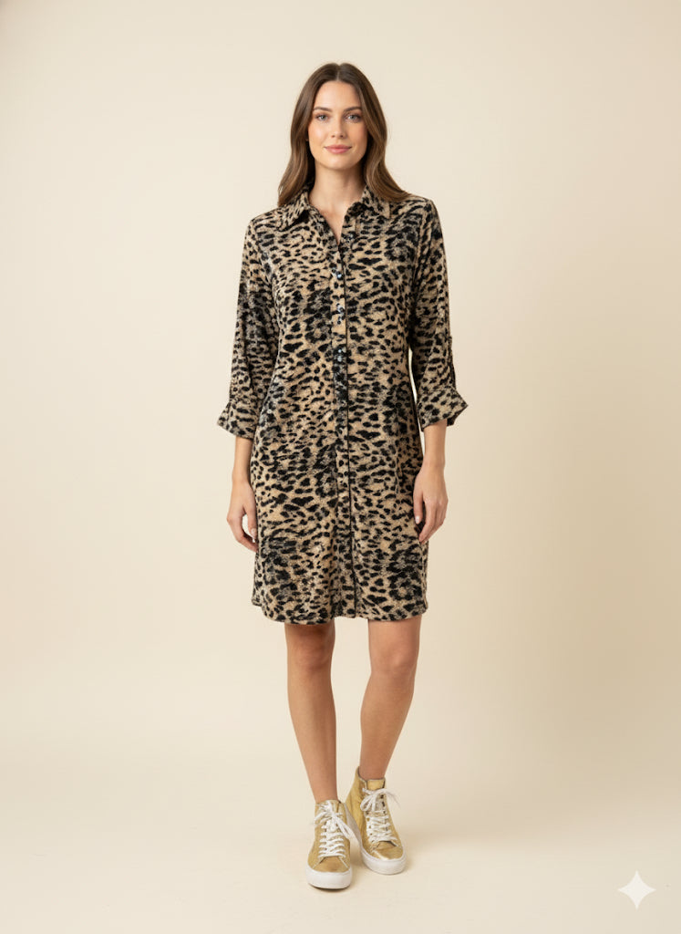Boho Chic Brown Leopard Button Front Shirt Dress