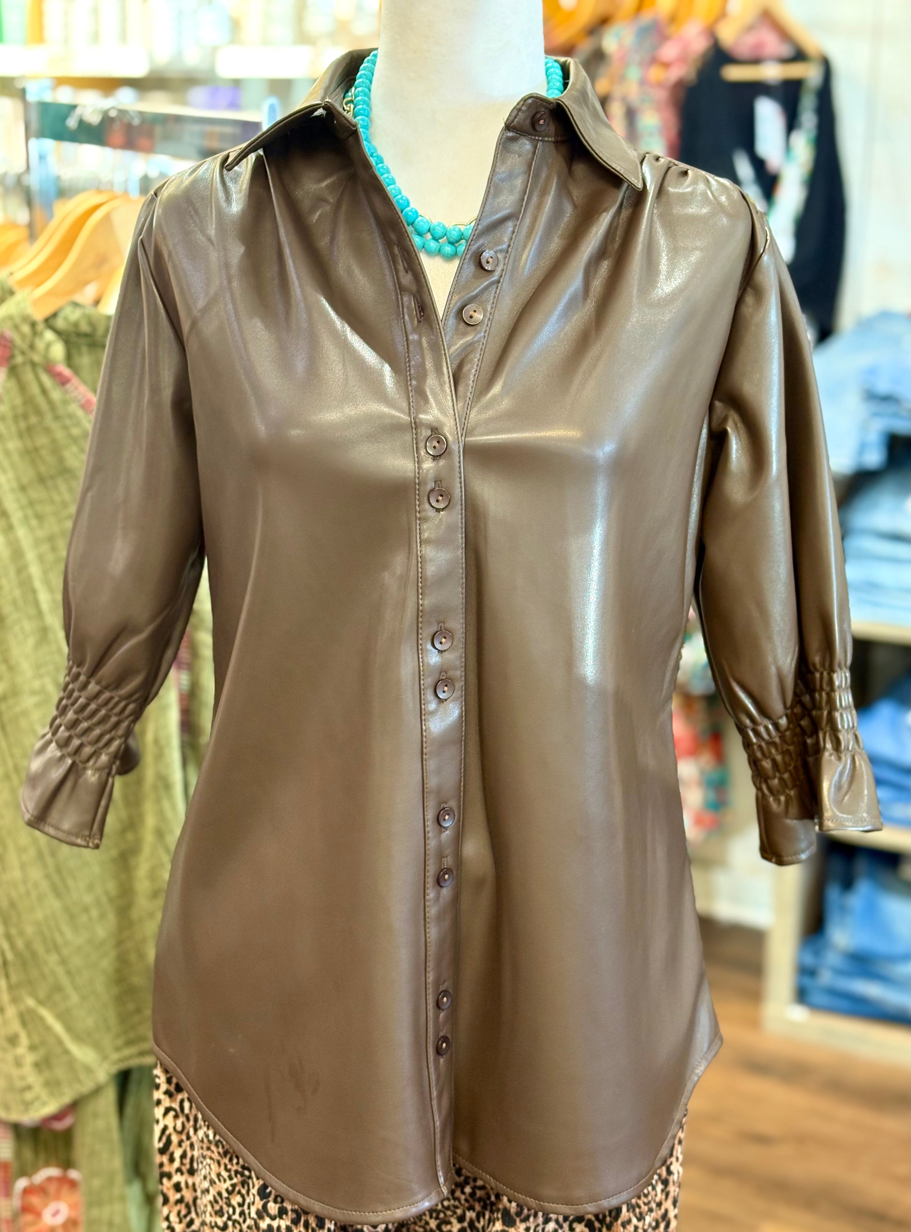 Boho Chic Faux Leather Button Front Tunic - Brown
