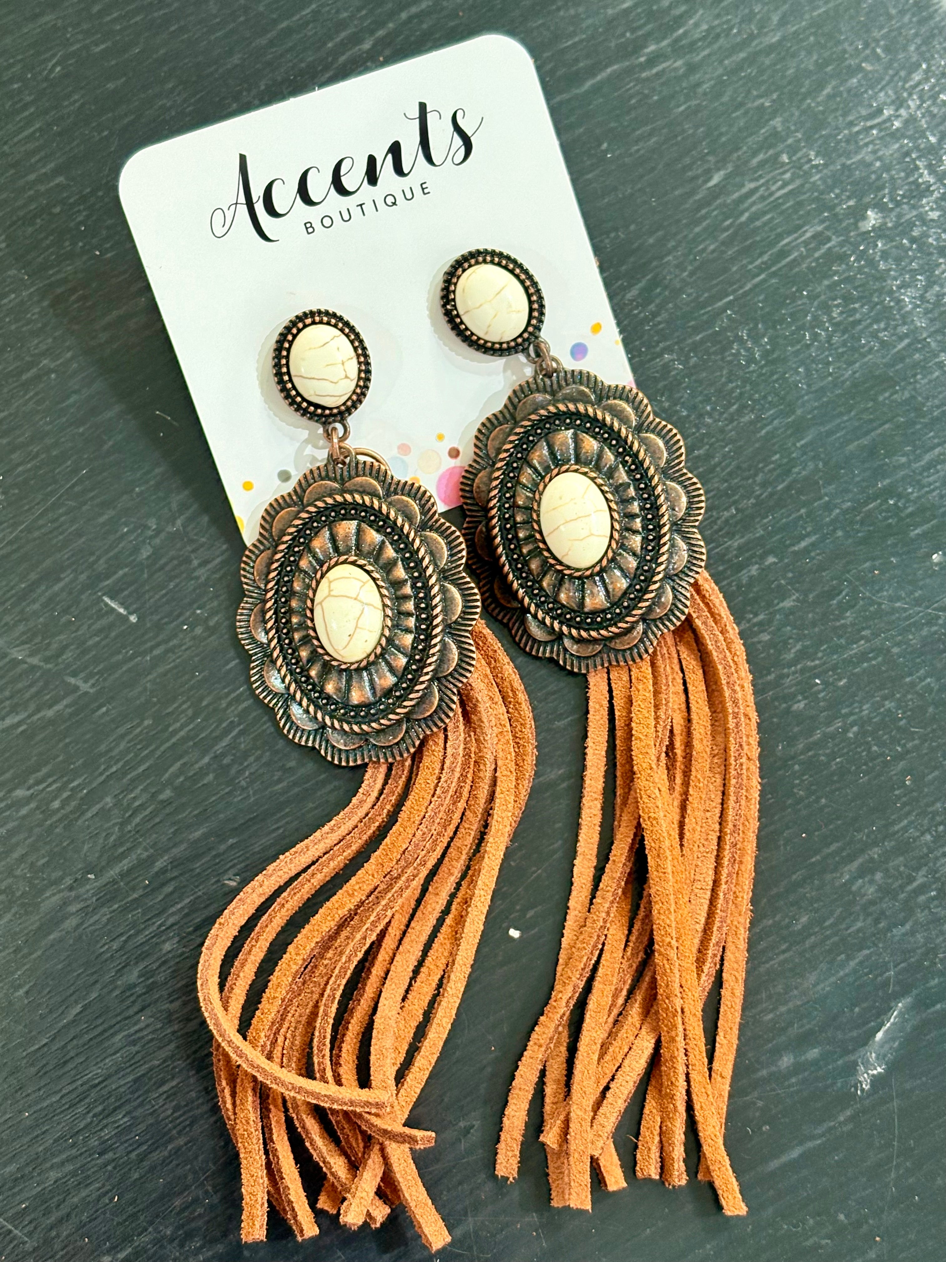 White Buffalo Concho Tassel Earrings