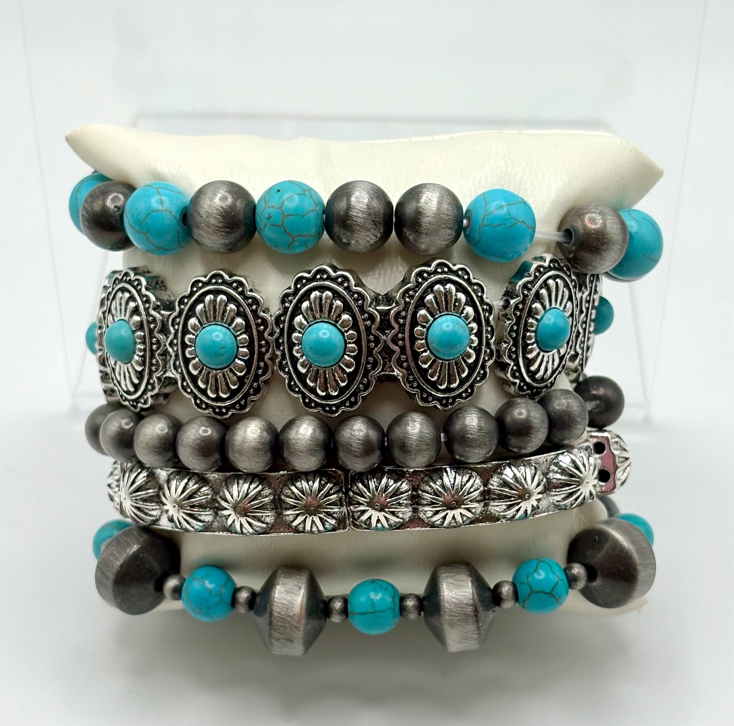 Turquoise Flower Concho Stretch Bracelet Set
