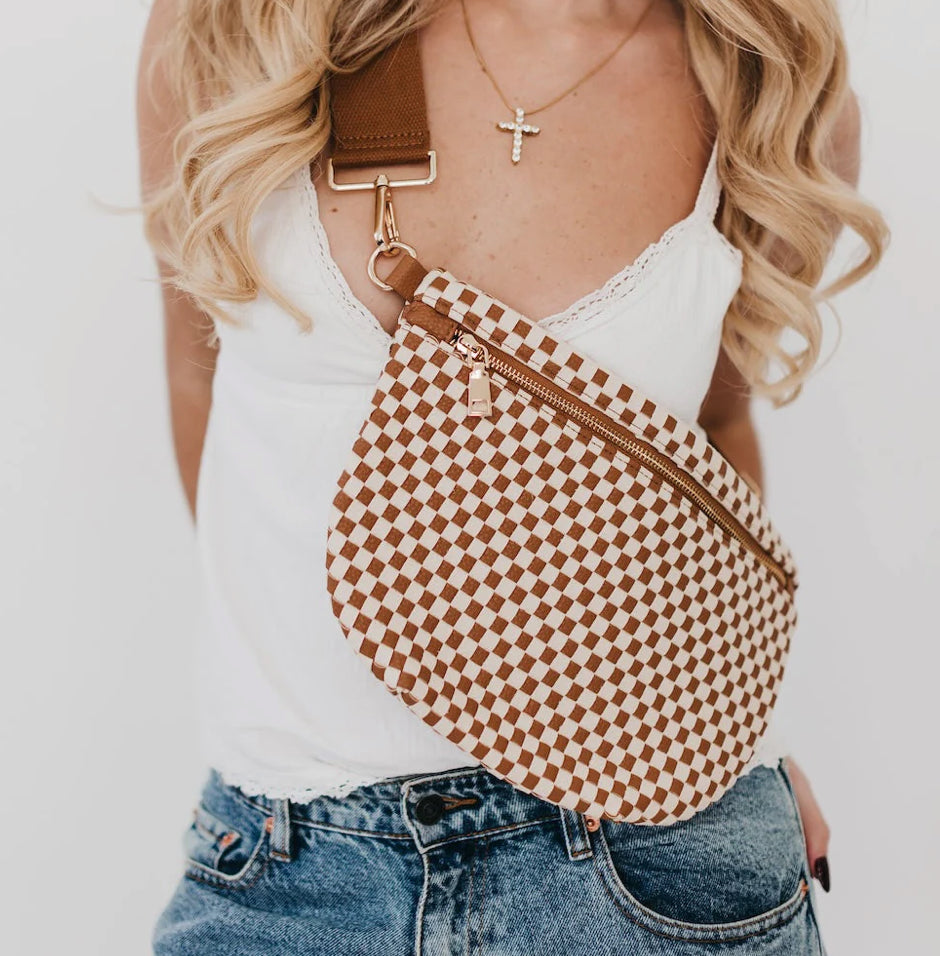 Westlyn Woven Bum Bag - Checkered Brown — Accents Boutique, Marble Falls TX