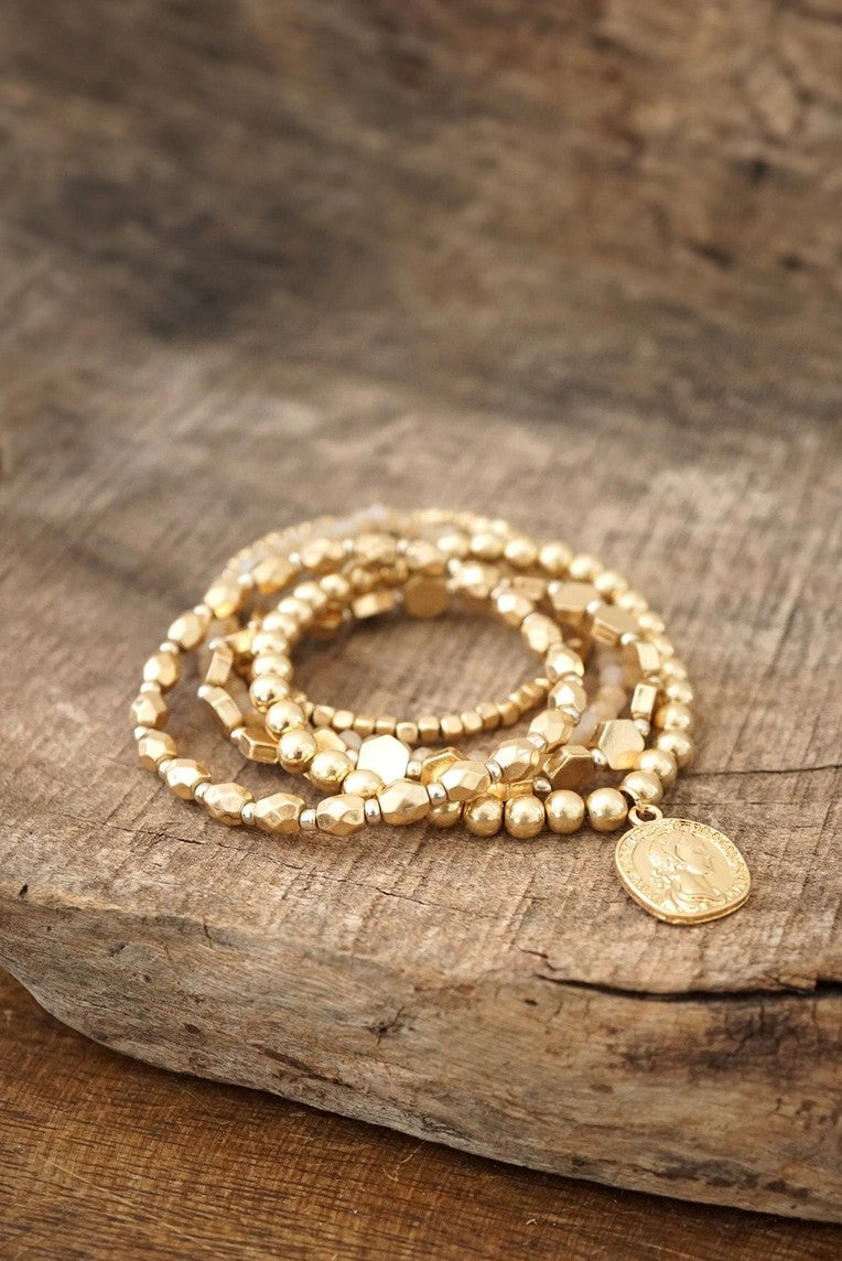 Bohemian Coin Bracelet Set in Worn Gold