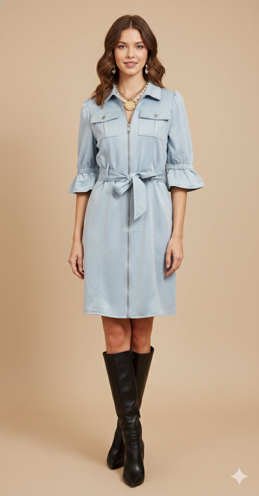 Blue Zip Front Belted Dress