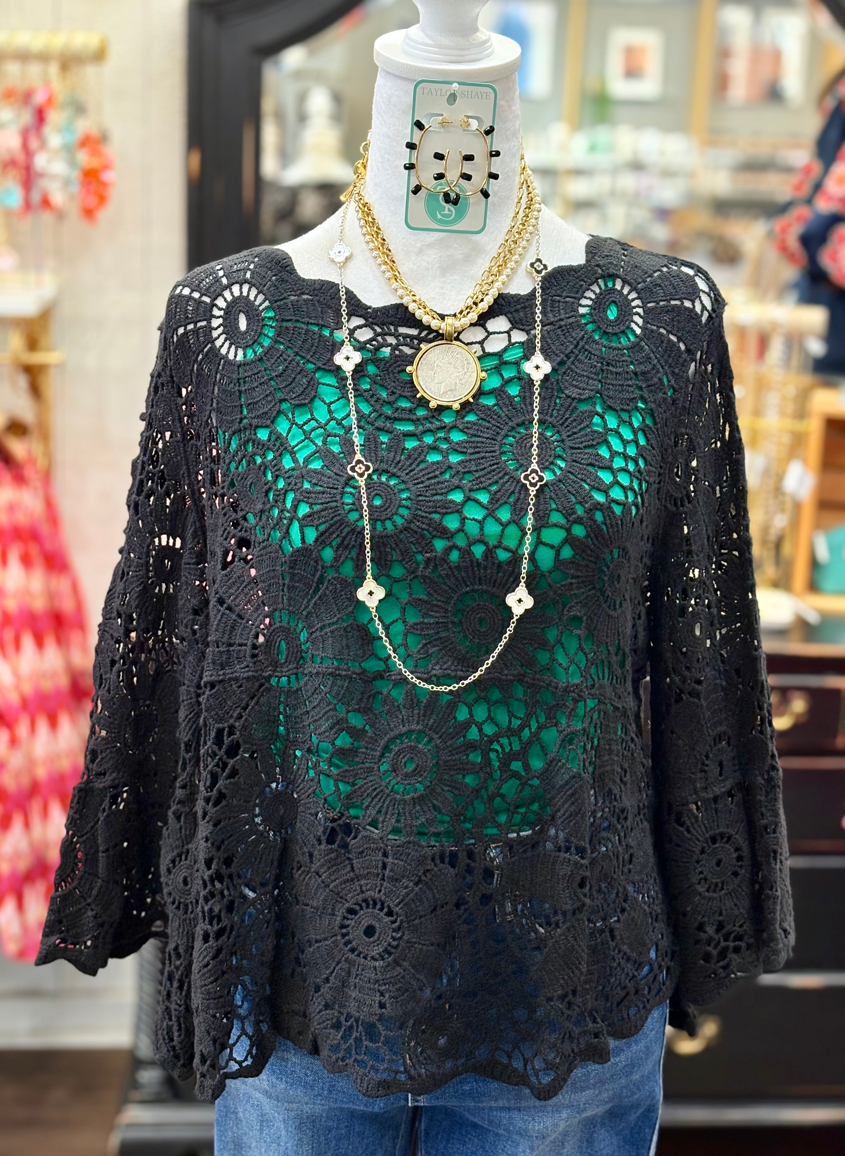 Black Bell Sleeve Crochet Top
