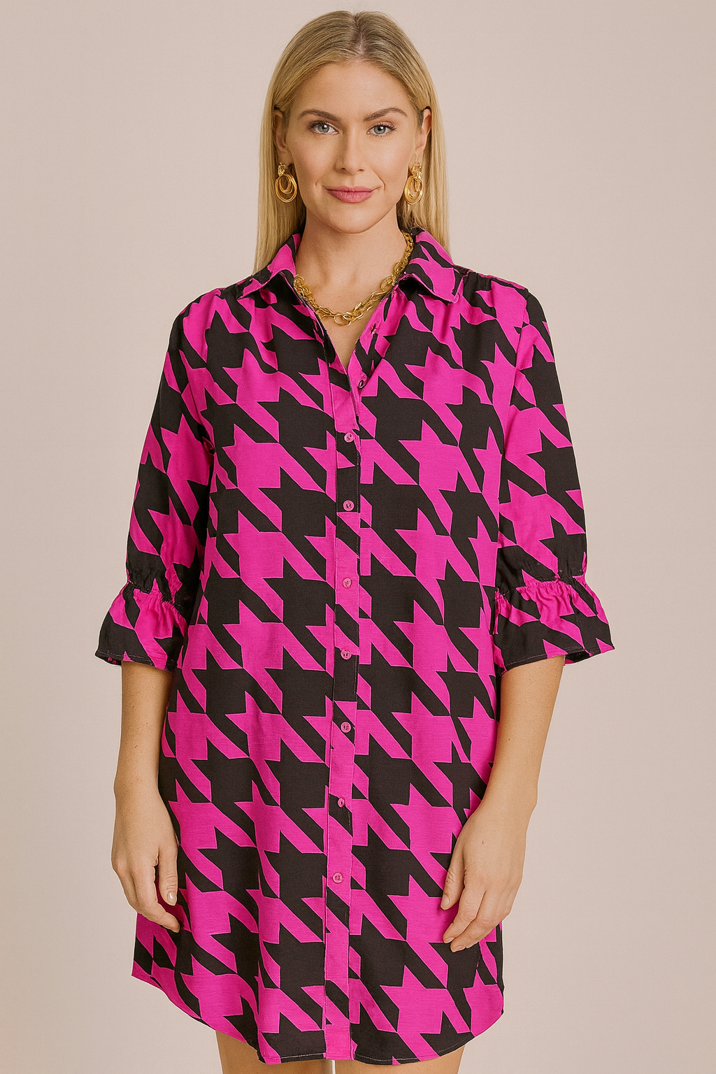 Boho Chic Pink & Black Houndstooth Button Front Dress