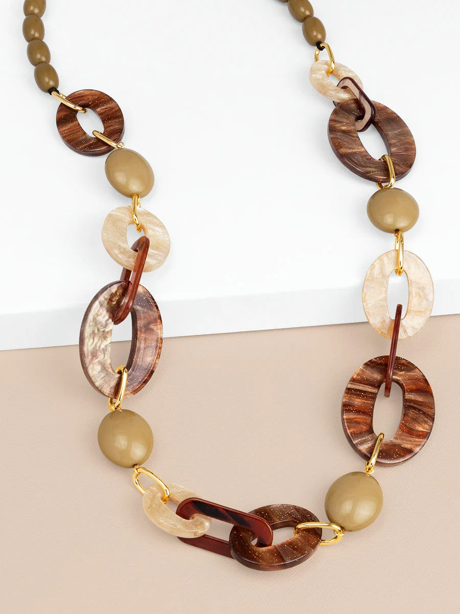 Glittering Resin Disc & Link Necklace-Brwn