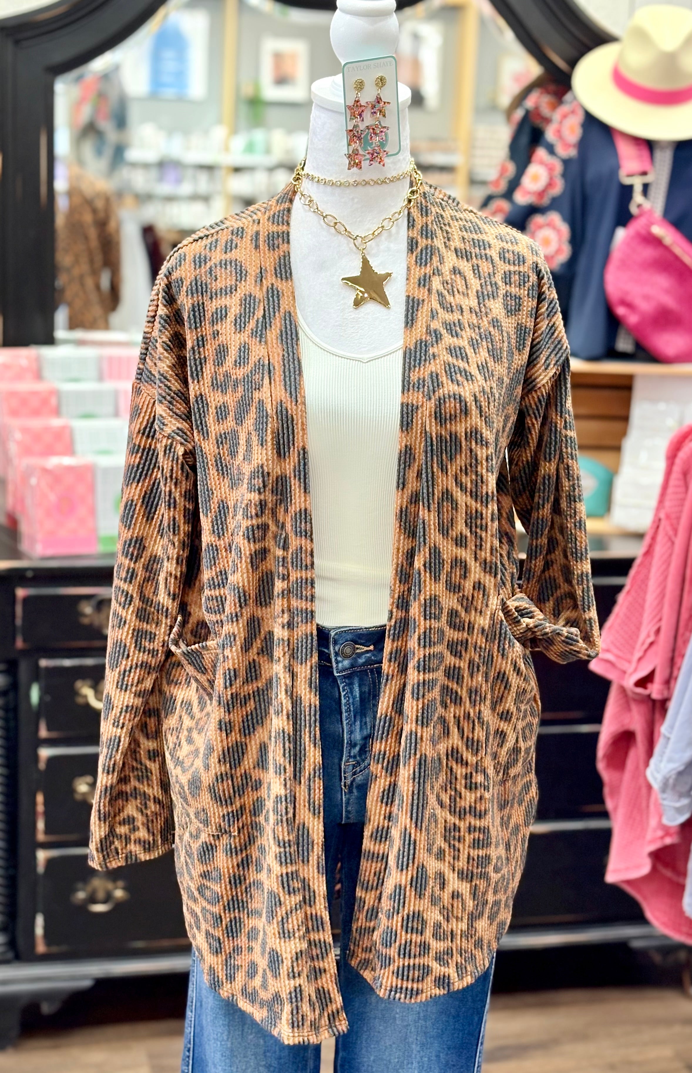 Long Sleeve Leopard Urban Ribbed Open Cardigan