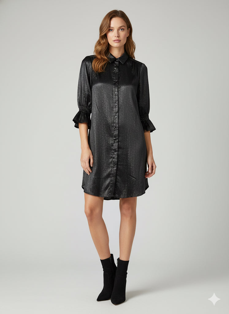 Boho Chic Black Metallic Button Front Shirt Dress
