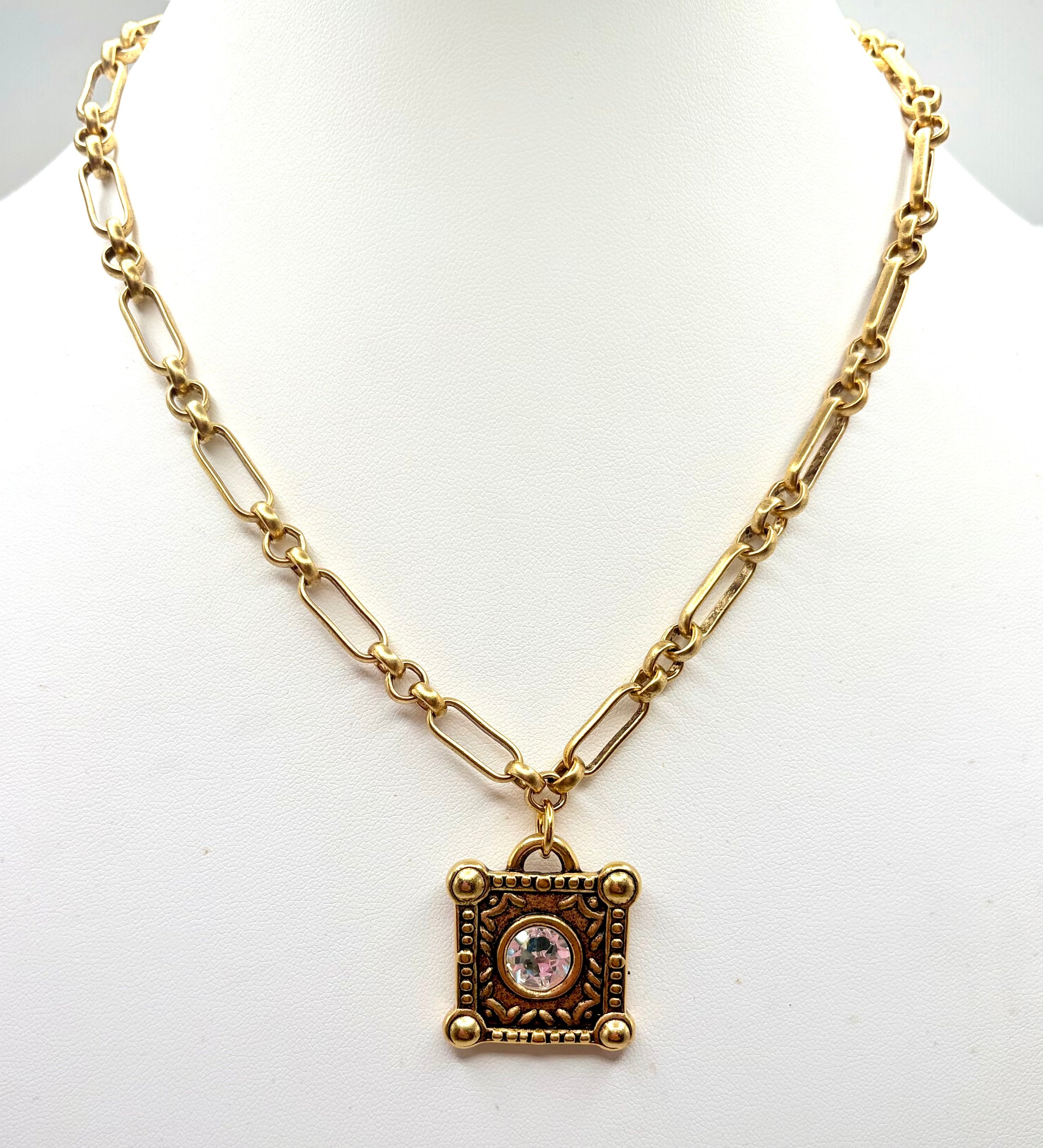 Gold Crystal Square Link Necklace