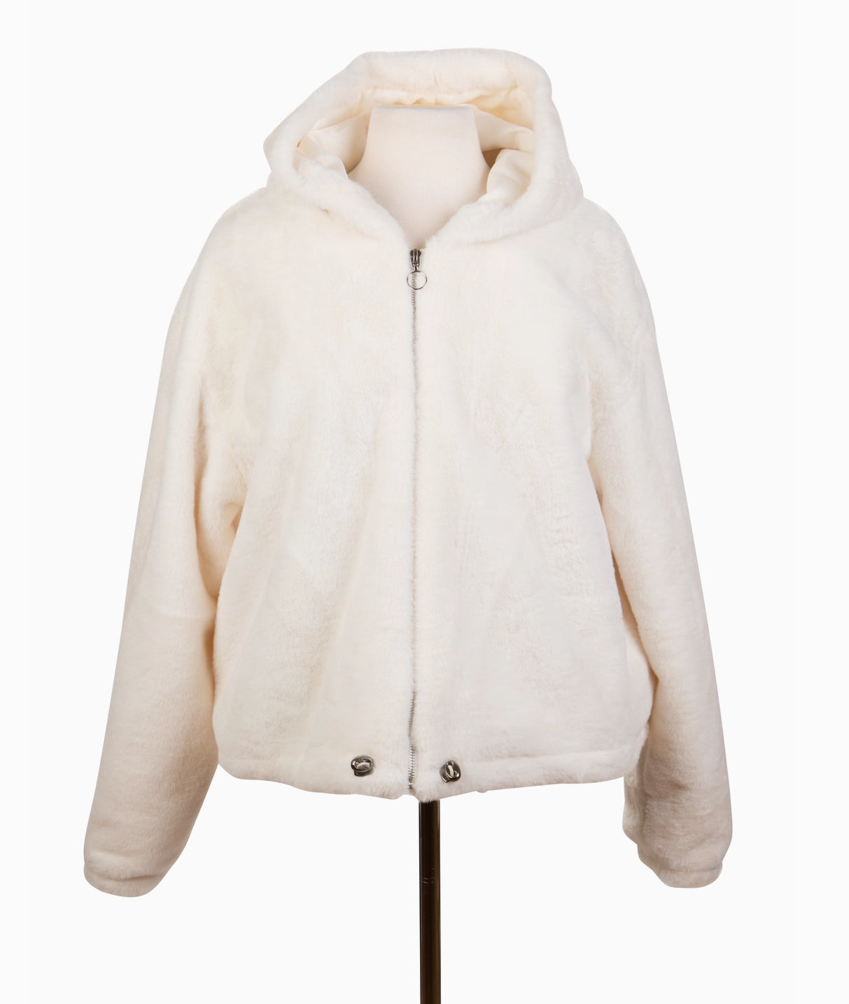 White Short Fur with Hood and Drawstring Jacket