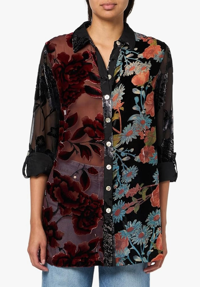 John Mark Embroidered Velvet Button Up Tunic