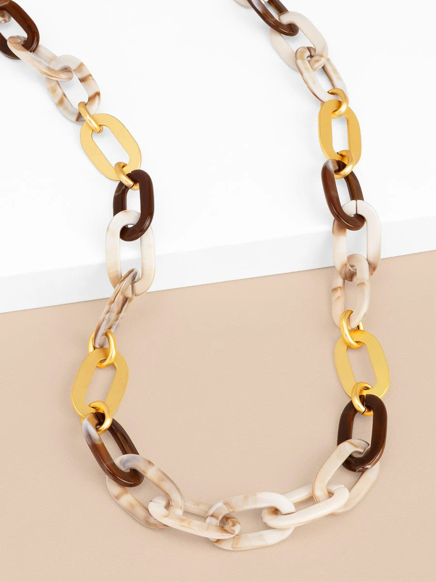 Marbled Beige Resin & Gold Lk Long Necklace