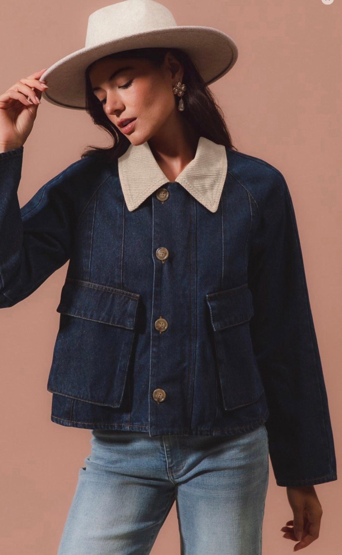Button Front Corduroy Collar Denim Jacket