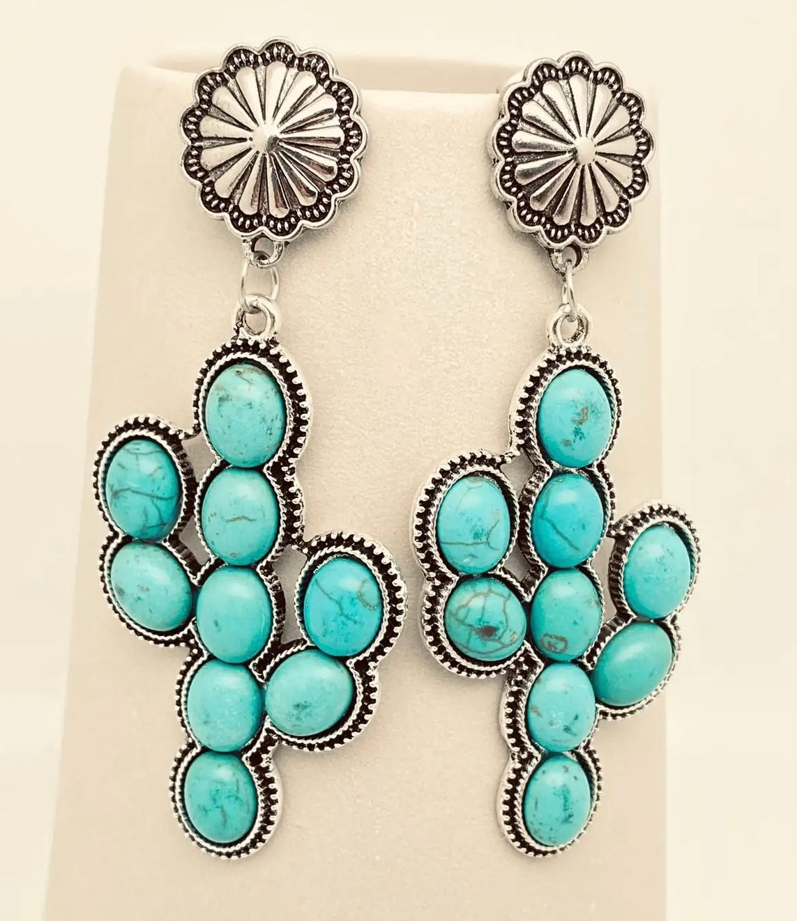 Western Style Turquoise Cactus Pendant Post Earrings