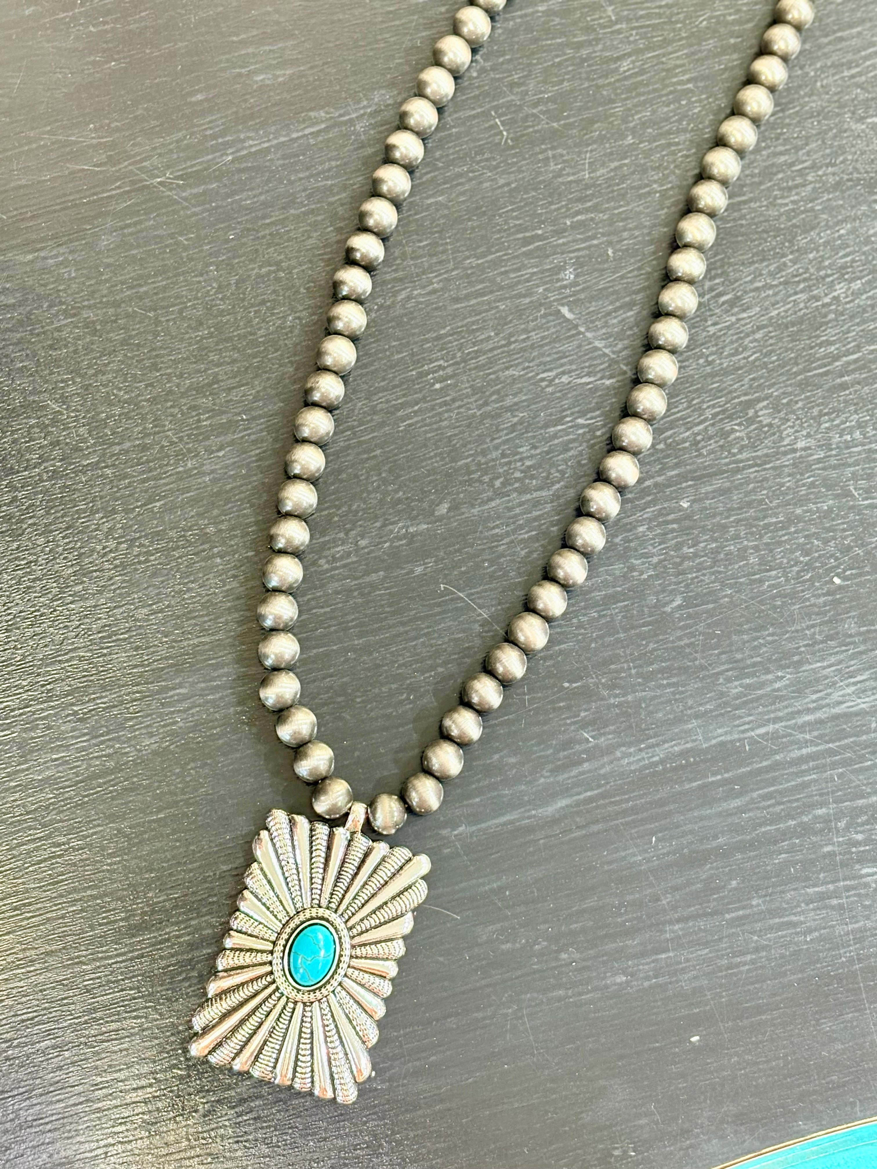 Turquoise Concho & Navajo Pearl Long Necklace