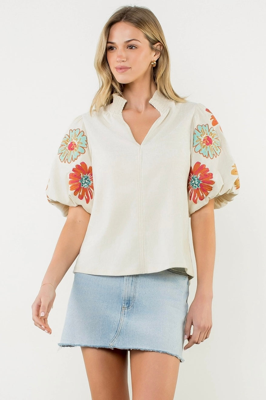 Cream Suede Embroidered Puff Sleeve Top