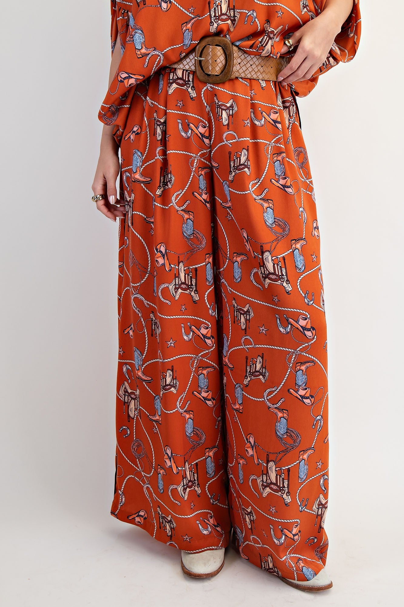 Rust Mirabel Satin Western Print Pants