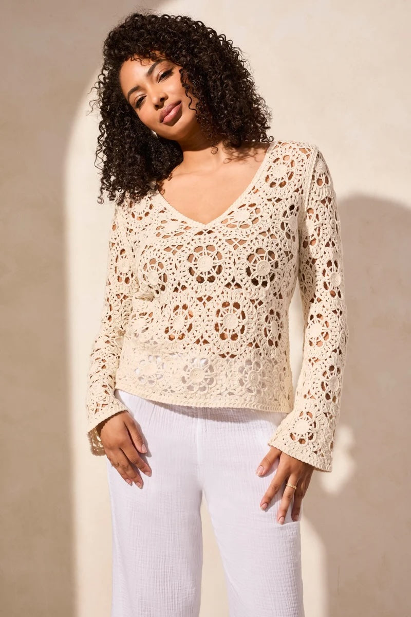 Crochet Bell Sleeve V-Neck Cotton Sweater