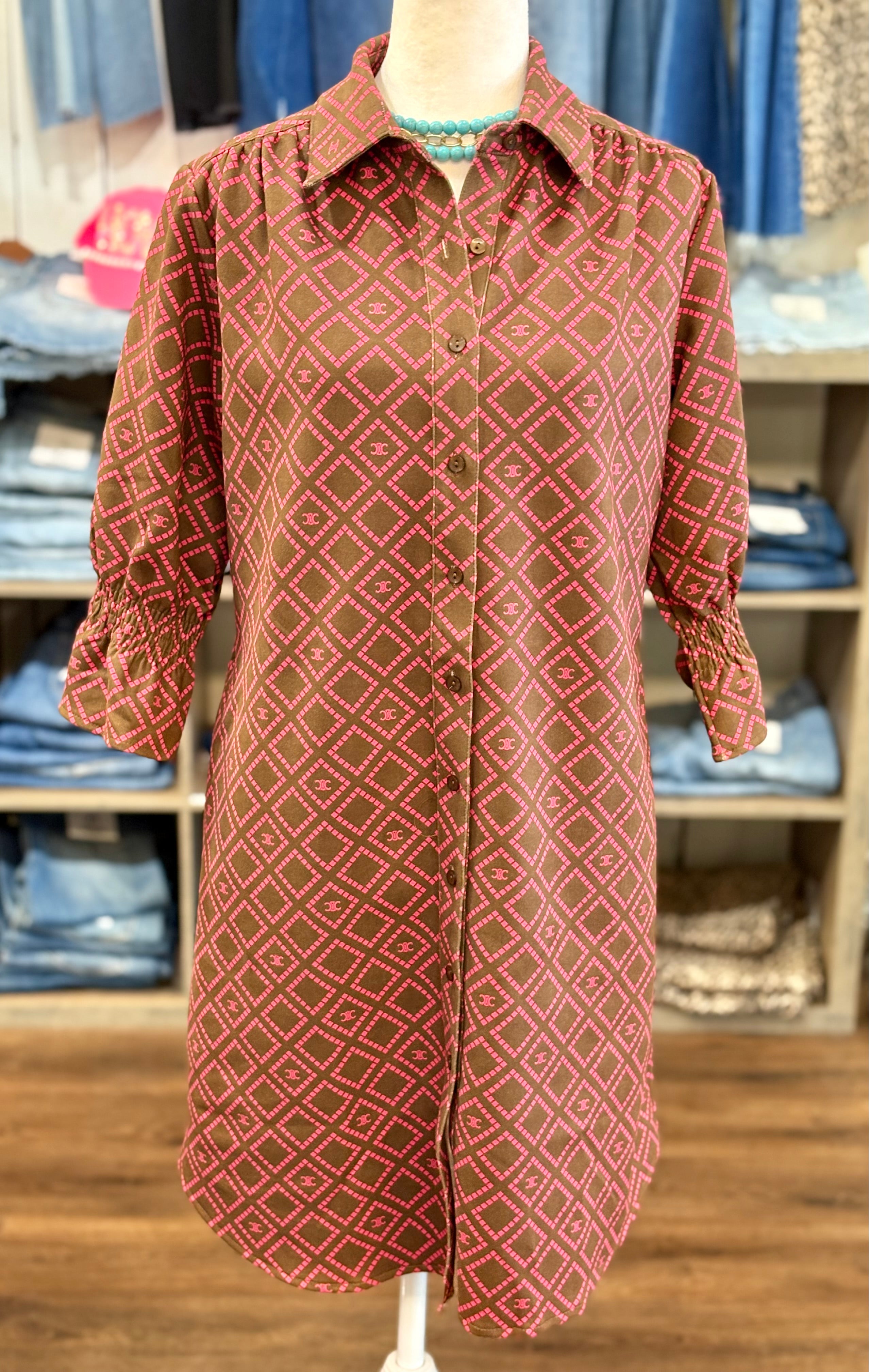 Boho Chic Brown Suede Dotted Squared Button Front Dress