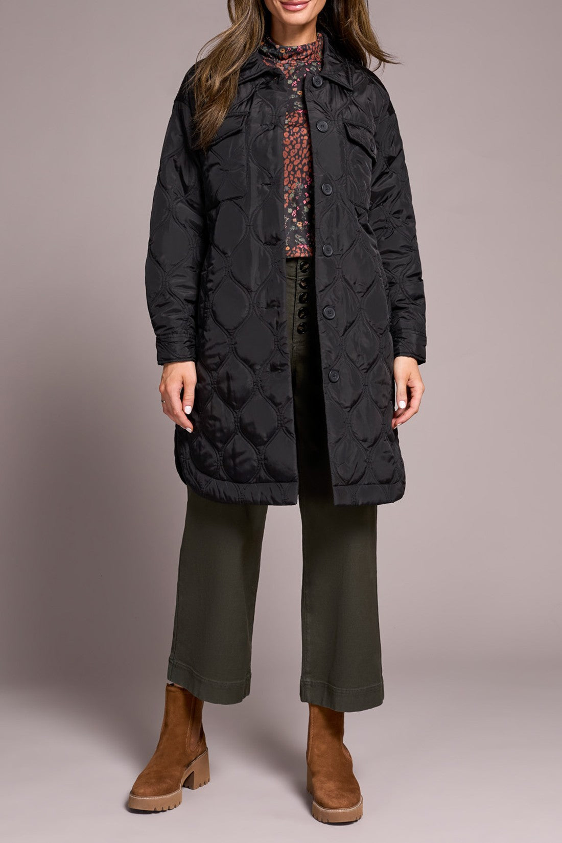 Long Button Frt Quilted Jacket-Black