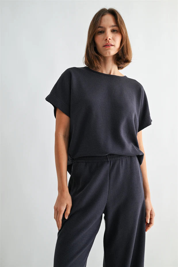 Navy Waffle Knit Dolman Top Pant Set