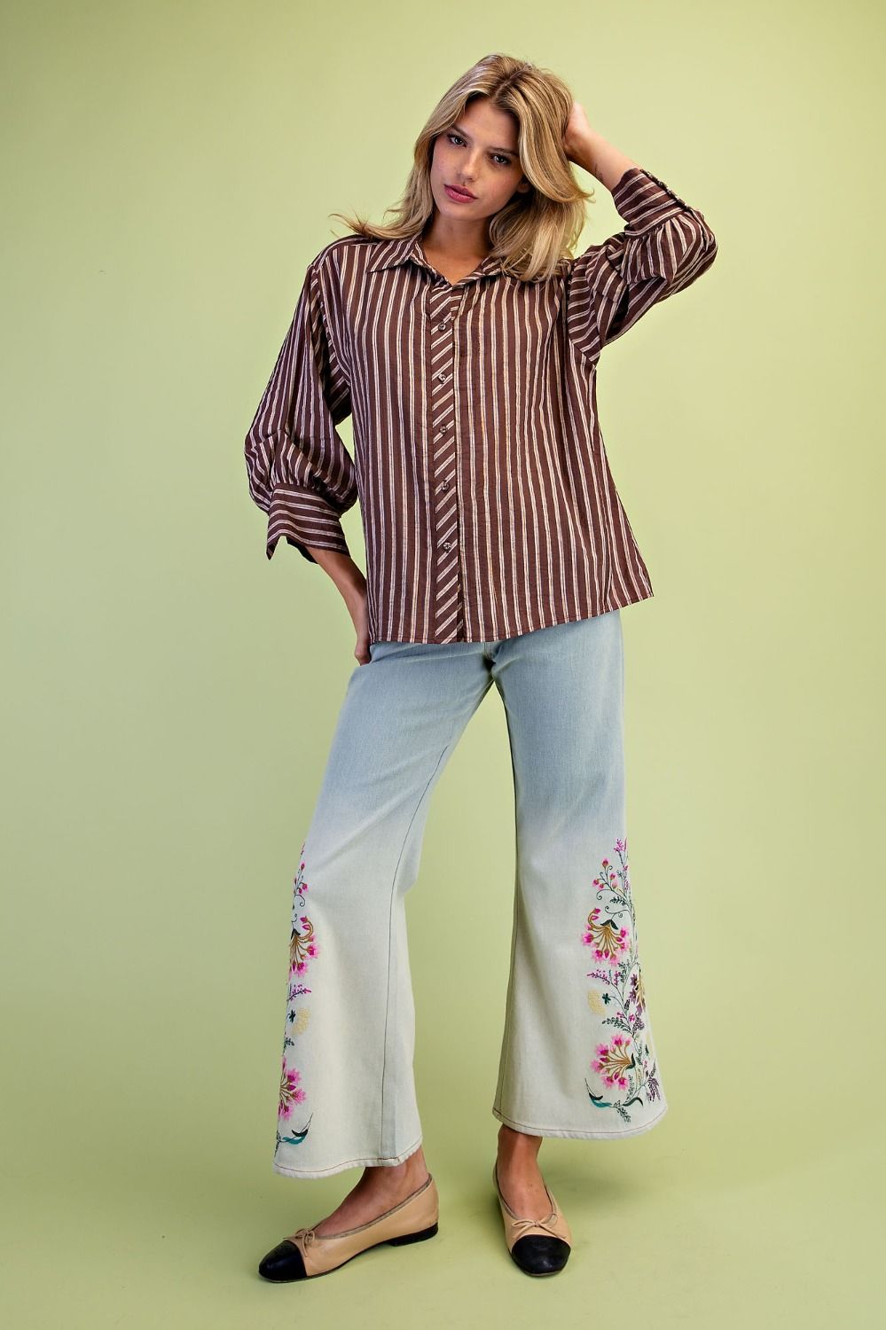 Chocolate Brown Striped Button Down Top