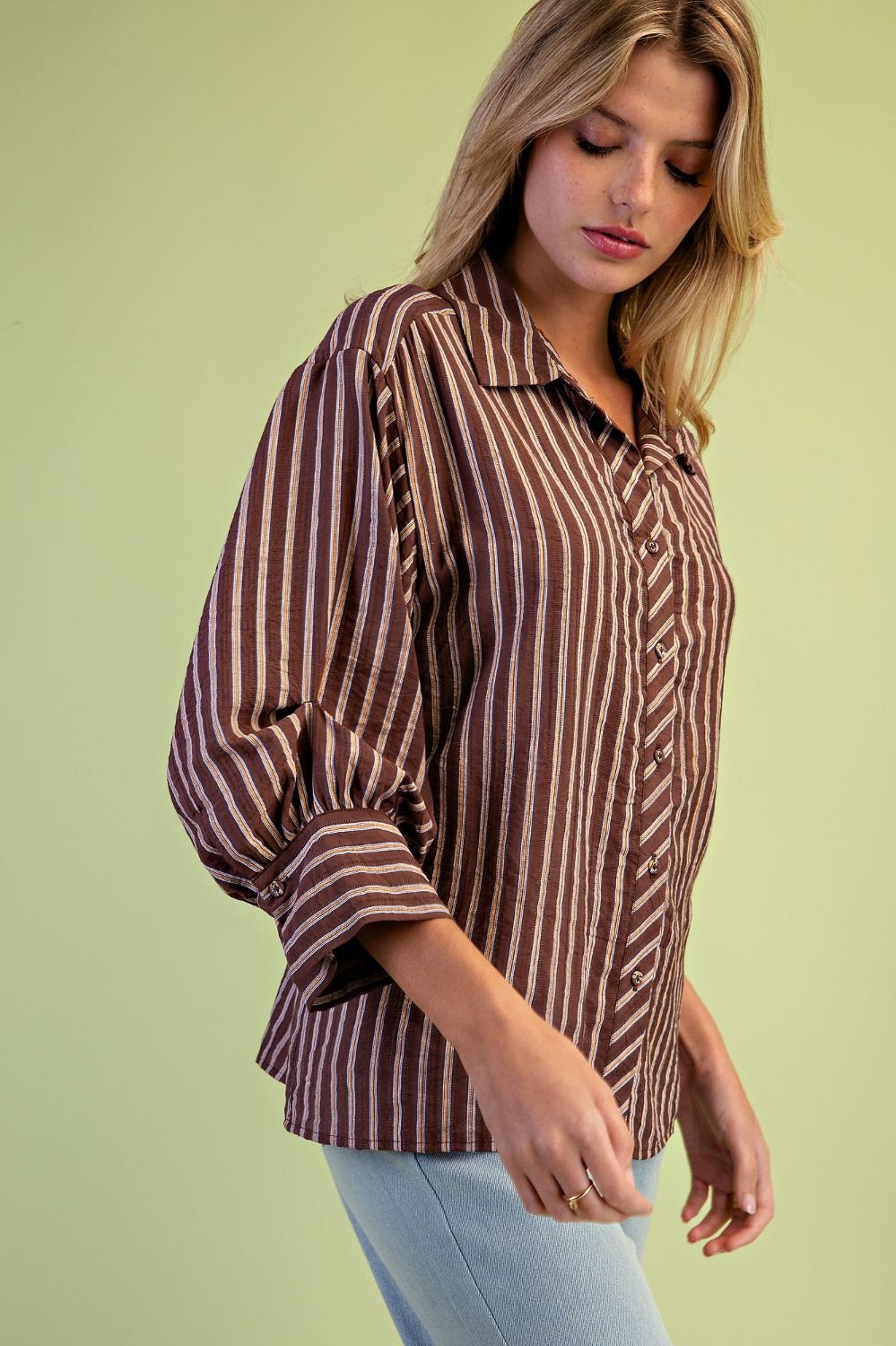 Chocolate Brown Striped Button Down Top