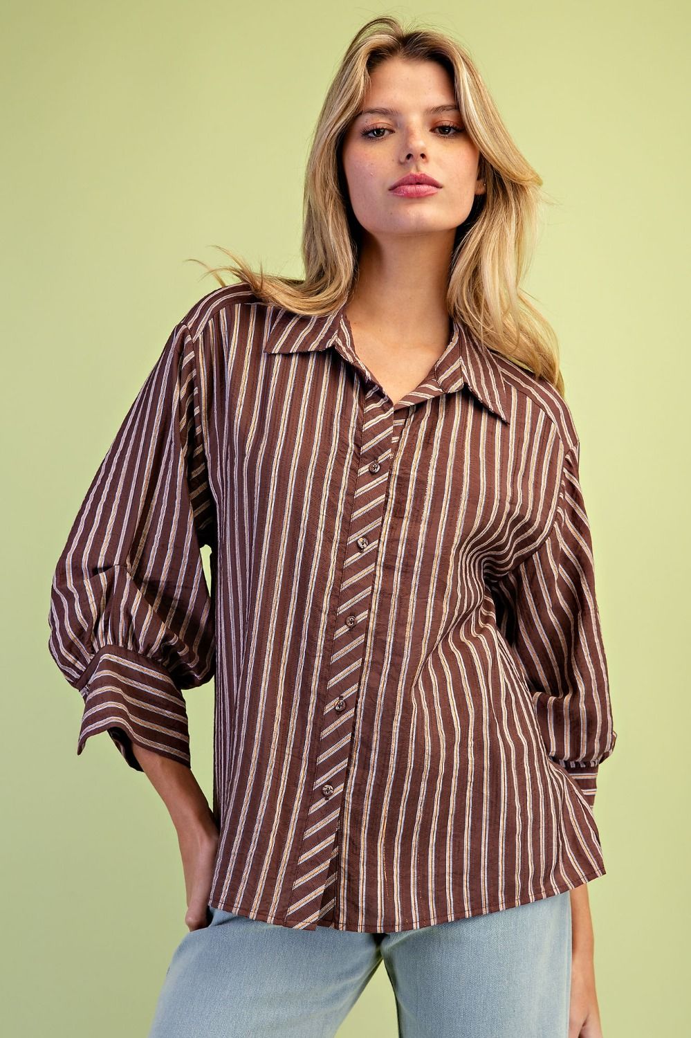 Chocolate Brown Striped Button Down Top