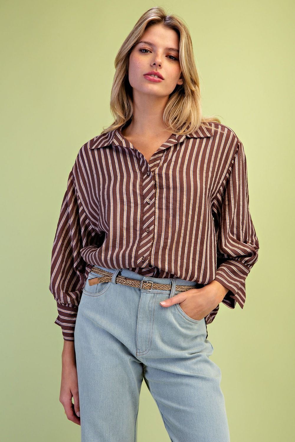 Chocolate Brown Striped Button Down Top