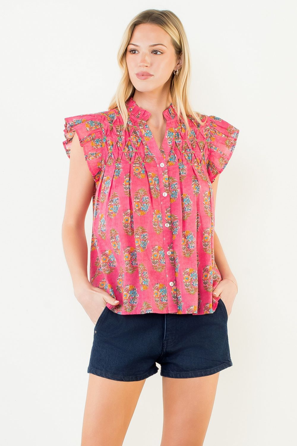 Pink Flutter Sleeve Floral Pattern Top