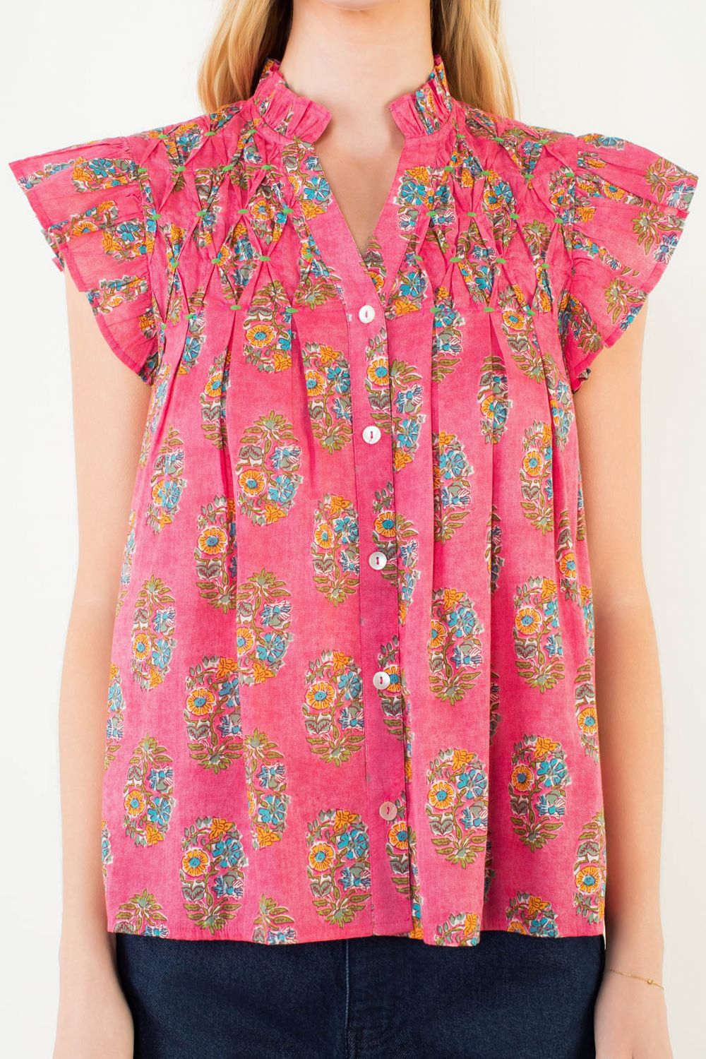 Pink Flutter Sleeve Floral Pattern Top